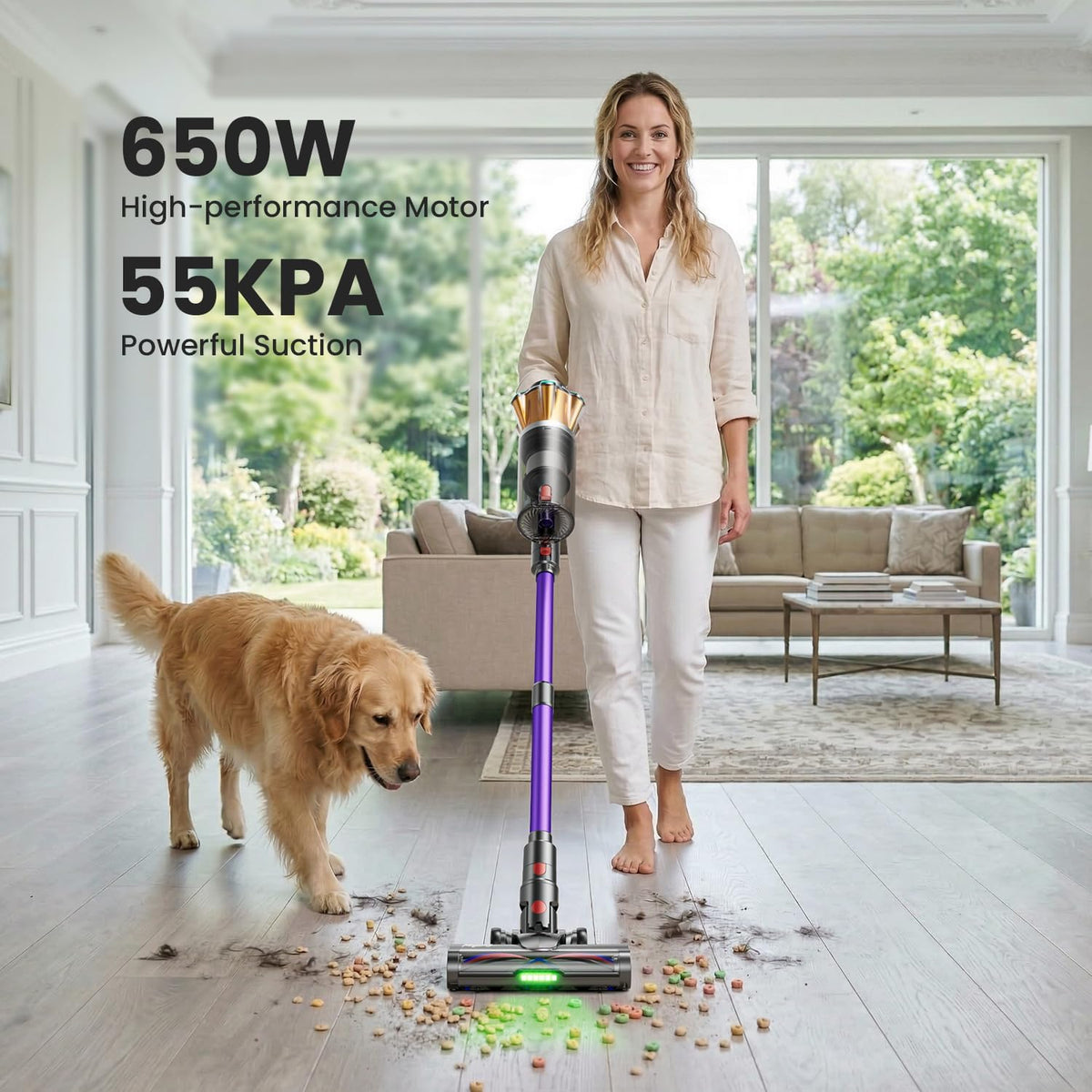 Cordless Vacuum Cleaner 600W 50Kpa 70Mins, Stick Vacuum with Hurricane Mode, Anti-Tangle, OLED Touch Screen, Wall-mounted Charging, 1.8L Cup, Self-Standing Vacuum Cleaner for Home Pet Hair Carpet