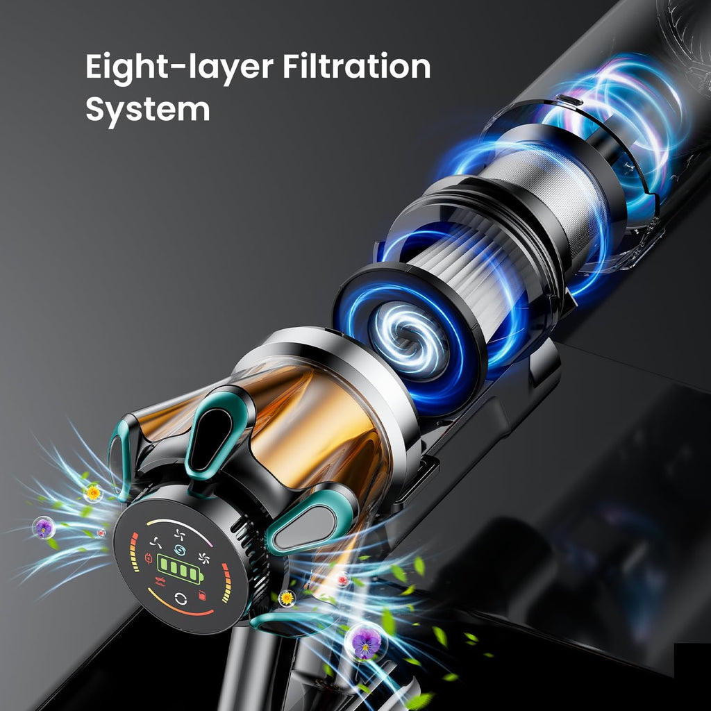 Cordless Vacuum Cleaner 600W 50Kpa 70Mins, Stick Vacuum with Hurricane Mode, Anti-Tangle, OLED Touch Screen, Wall-mounted Charging, 1.8L Cup, Self-Standing Vacuum Cleaner for Home Pet Hair Carpet