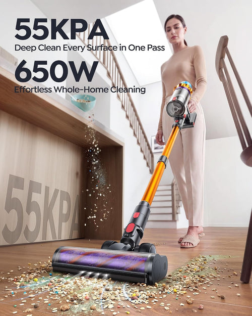 80Mins Cordless Vacuum Cleaner, 650W 55Kpa Stick Vacuum Cleaner for Home